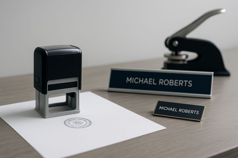 Custom self-inking stamp and engraved desk plate